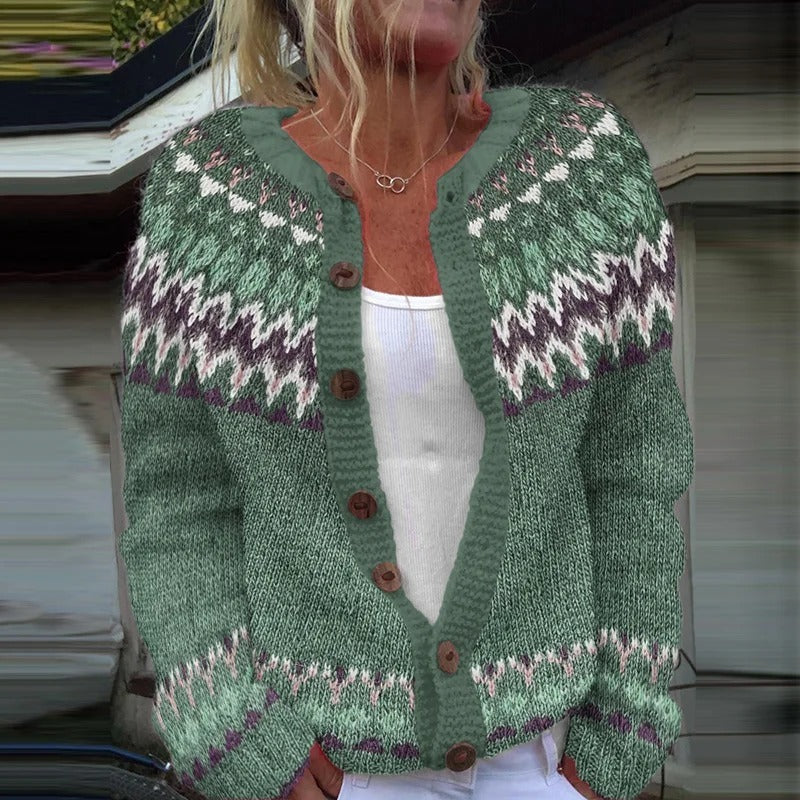 DELIA | Printed Burgundy Nordic Knit Cardigan