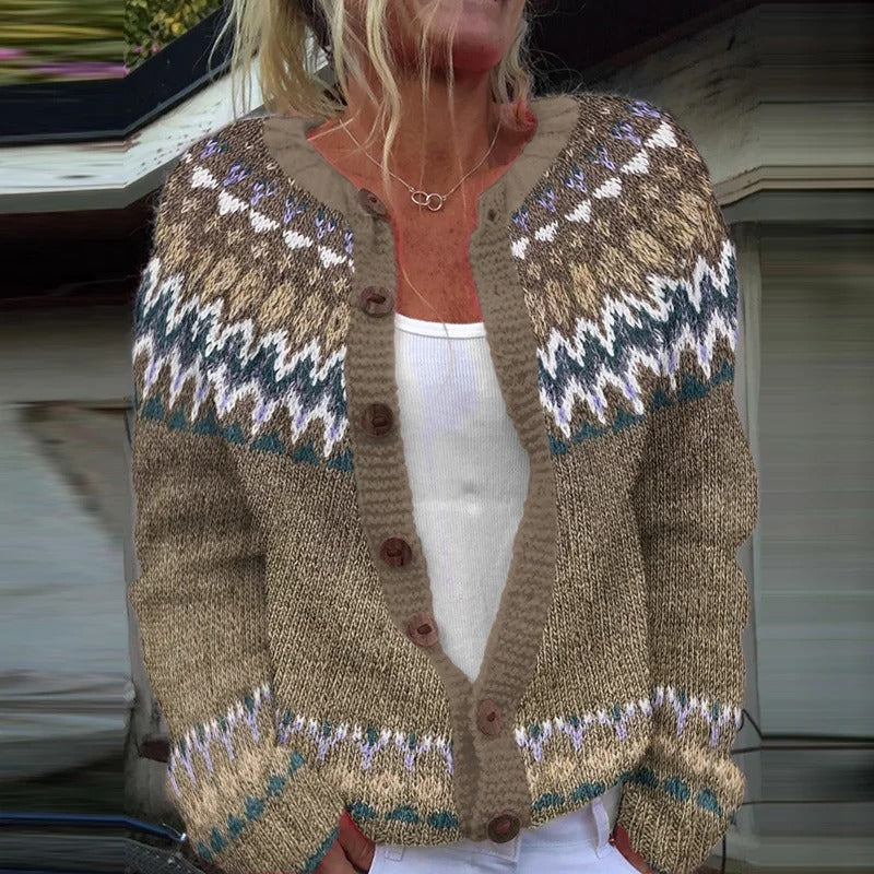 CLEO | Button-Front Teal Nordic Knit Cardigan