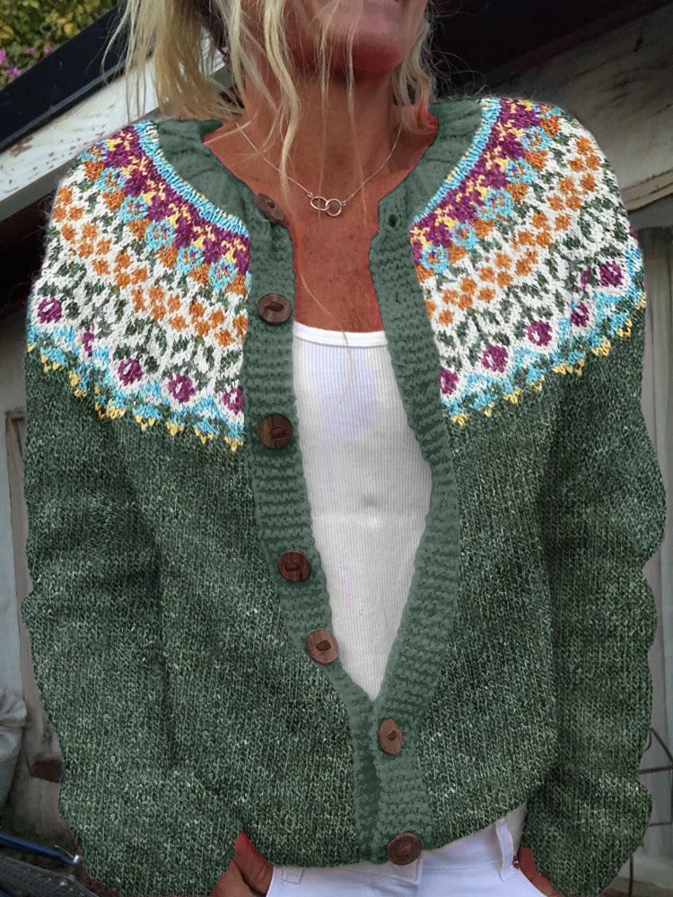 ELLA | Ribbed Blue Nordic Knit Cardigan Printed
