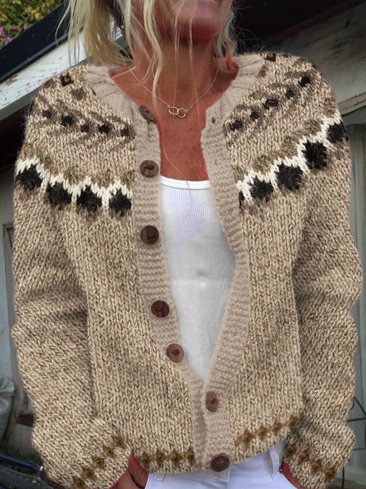 AUBREY | Geometric Print Brown Nordic Knit Cardigan Printed