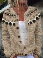 AUBREY | Geometric Print Brown Nordic Knit Cardigan Printed