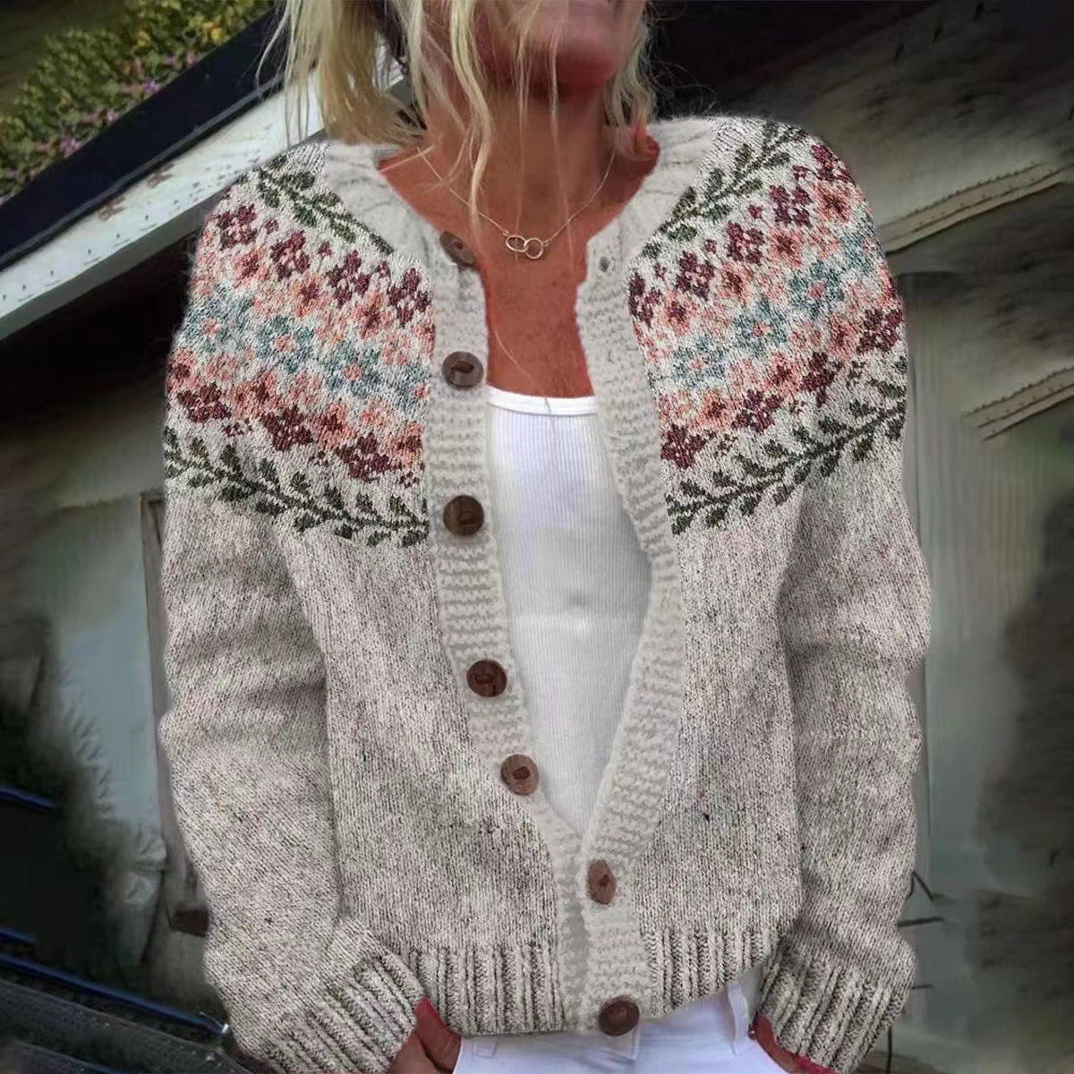 MADELEINE | Floral Print Pink Nordic Knit Cardigan