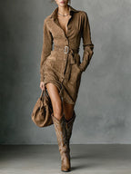 MARIGOLD | Single Breasted Lapel Long Sleeve Midi Dress (Includes Belt)