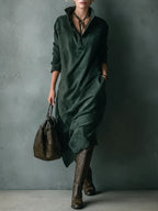 ISNA | Green Loose Lapel Long Sleeve Midi Dress