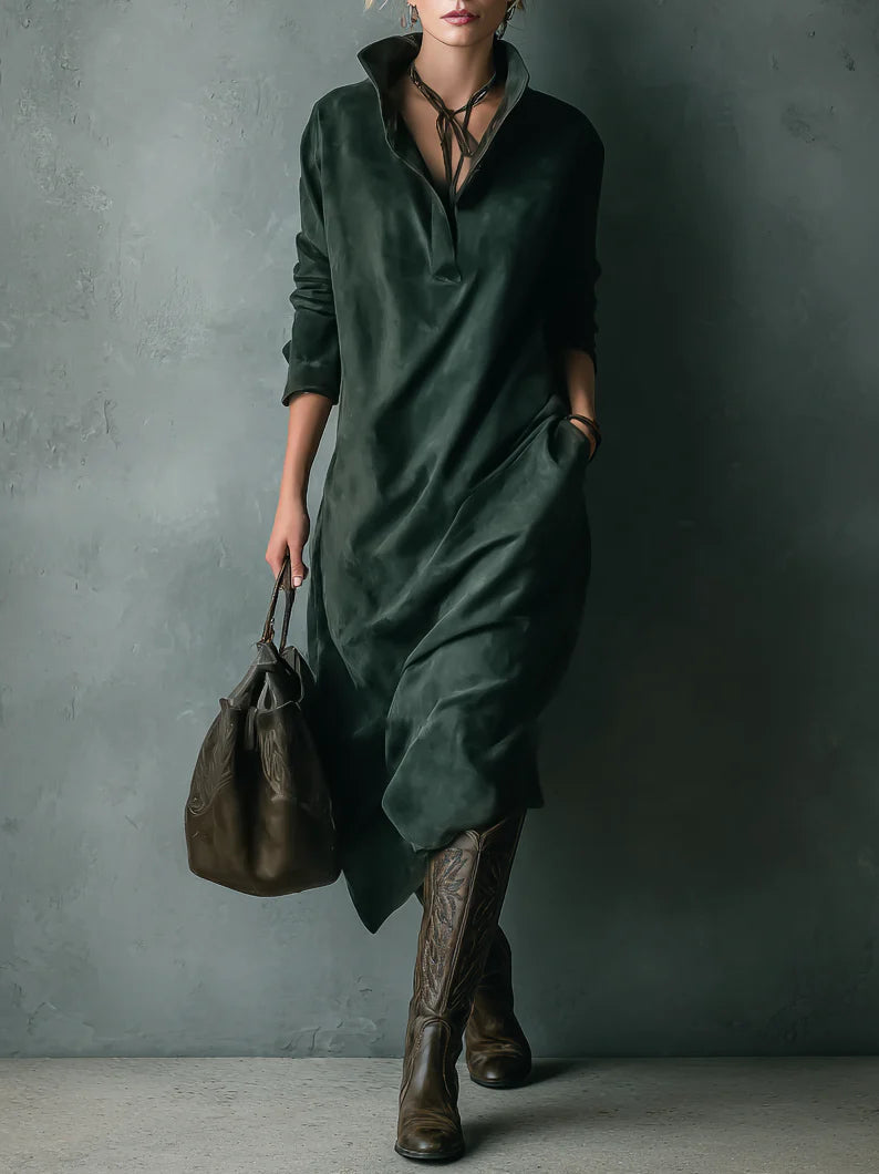 ISNA | Green Loose Lapel Long Sleeve Midi Dress