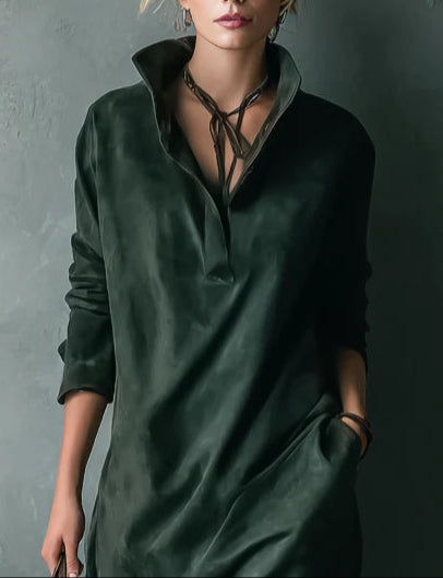 ISNA | Green Loose Lapel Long Sleeve Midi Dress