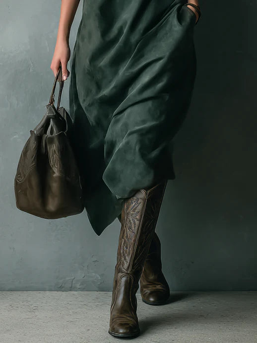 ISNA | Green Loose Lapel Long Sleeve Midi Dress