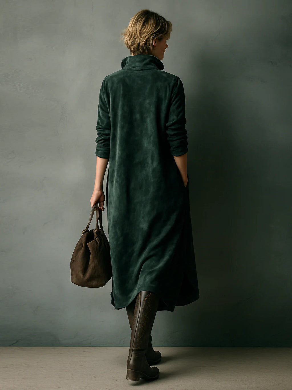 ISNA | Green Loose Lapel Long Sleeve Midi Dress