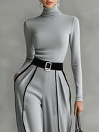 REFINED HIGH-NECK TOP & WIDE-LEG PANTS SET (FREE BELT)