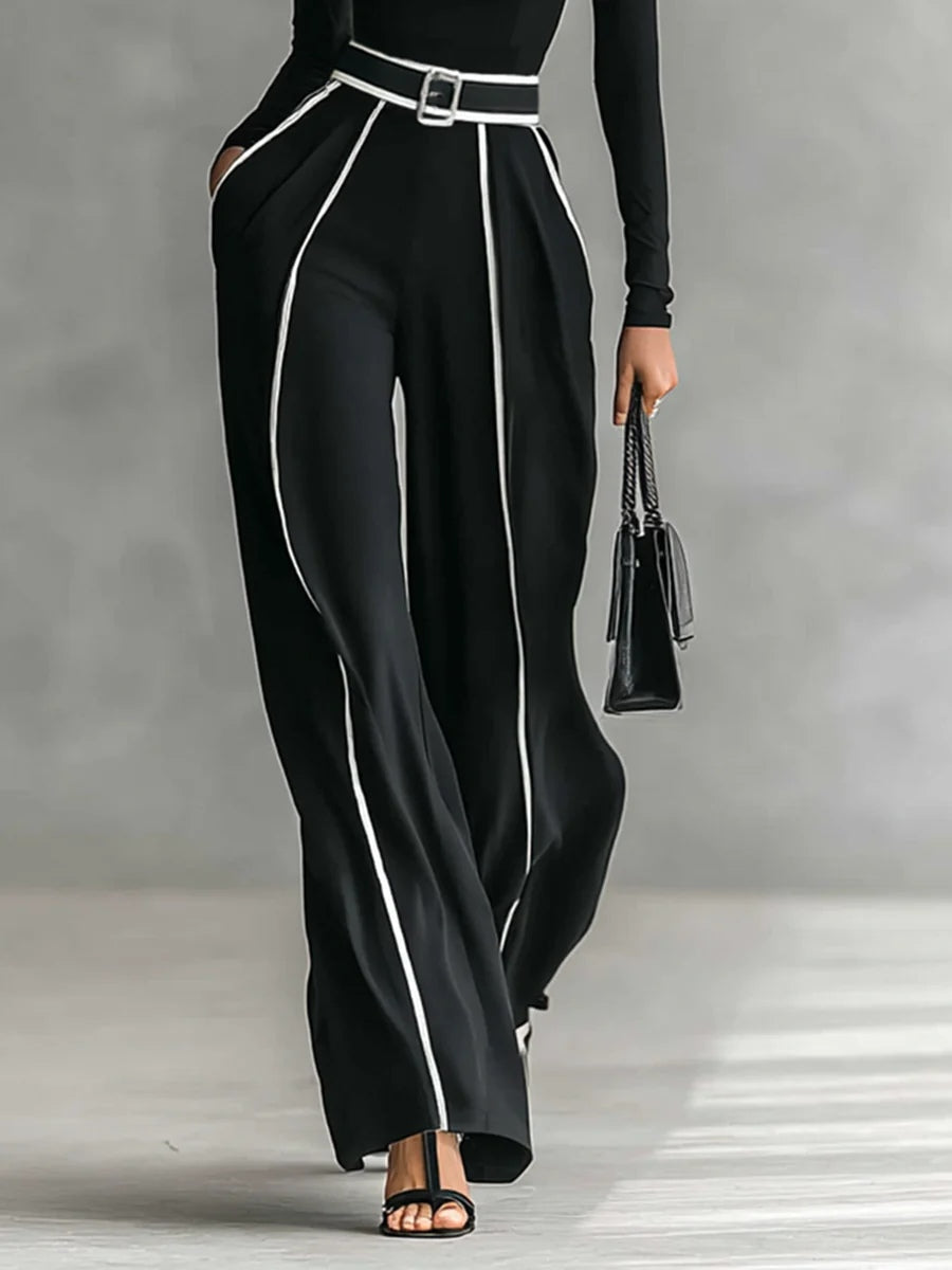 REFINED HIGH-NECK TOP & WIDE-LEG PANTS SET (FREE BELT)