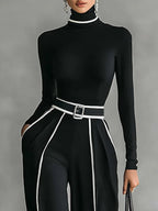 REFINED HIGH-NECK TOP & WIDE-LEG PANTS SET (FREE BELT)