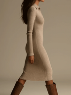 BEATRIX | Beige Ribbed Knit Lapel Midi Dress