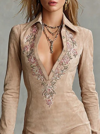ARAWEN | Beige Slim Neck Floral Lapel Midi Dress