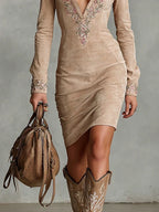 ARAWEN | Beige Slim Neck Floral Lapel Midi Dress