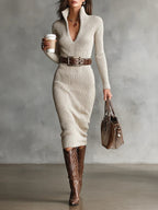 DELPHINO | Slim Fit Half Turtleneck V-Neck Long Sleeve Knitted Belted Midi Dress