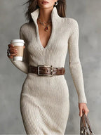 DELPHINO | Slim Fit Half Turtleneck V-Neck Long Sleeve Knitted Belted Midi Dress