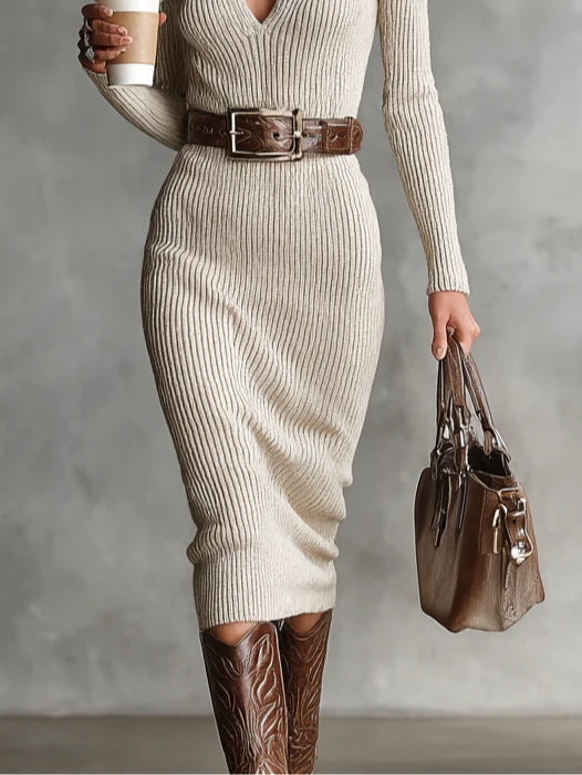 DELPHINO | Slim Fit Half Turtleneck V-Neck Long Sleeve Knitted Belted Midi Dress