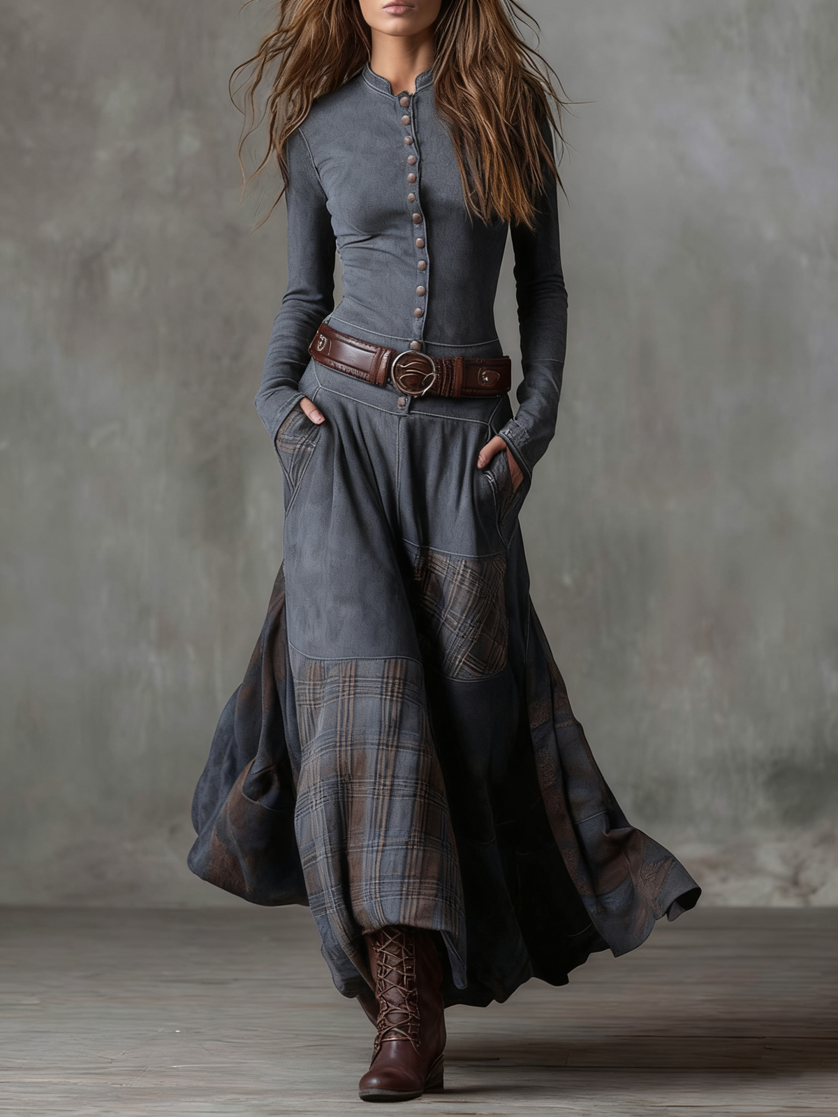 LEONE | Vintage Long Checkered Dress (Includes Belt)