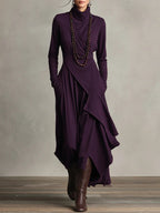 PURPLE | High-Neck Asymmetrical Pleated Dress