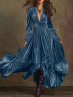 SERAFINA | Retro Oversized Skirt Long Dress With Deep V-Neck