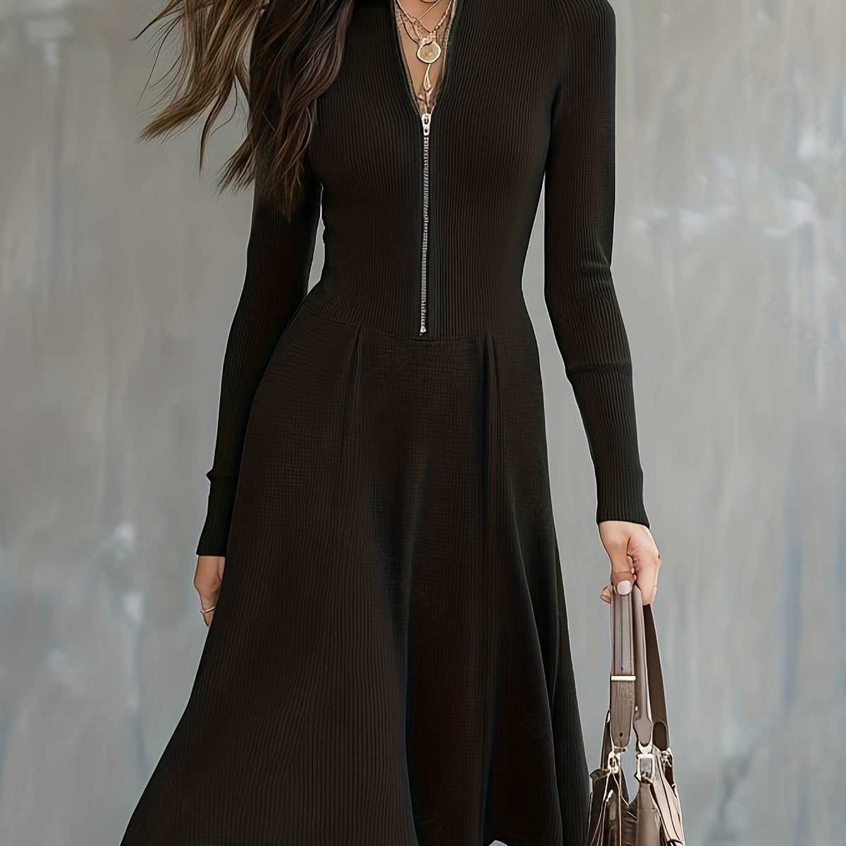 ZINNIA | Zippered Long Sleeve Dress With Stretch Fabric