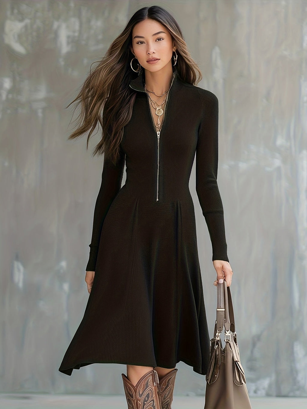 ZINNIA | Zippered Long Sleeve Dress With Stretch Fabric