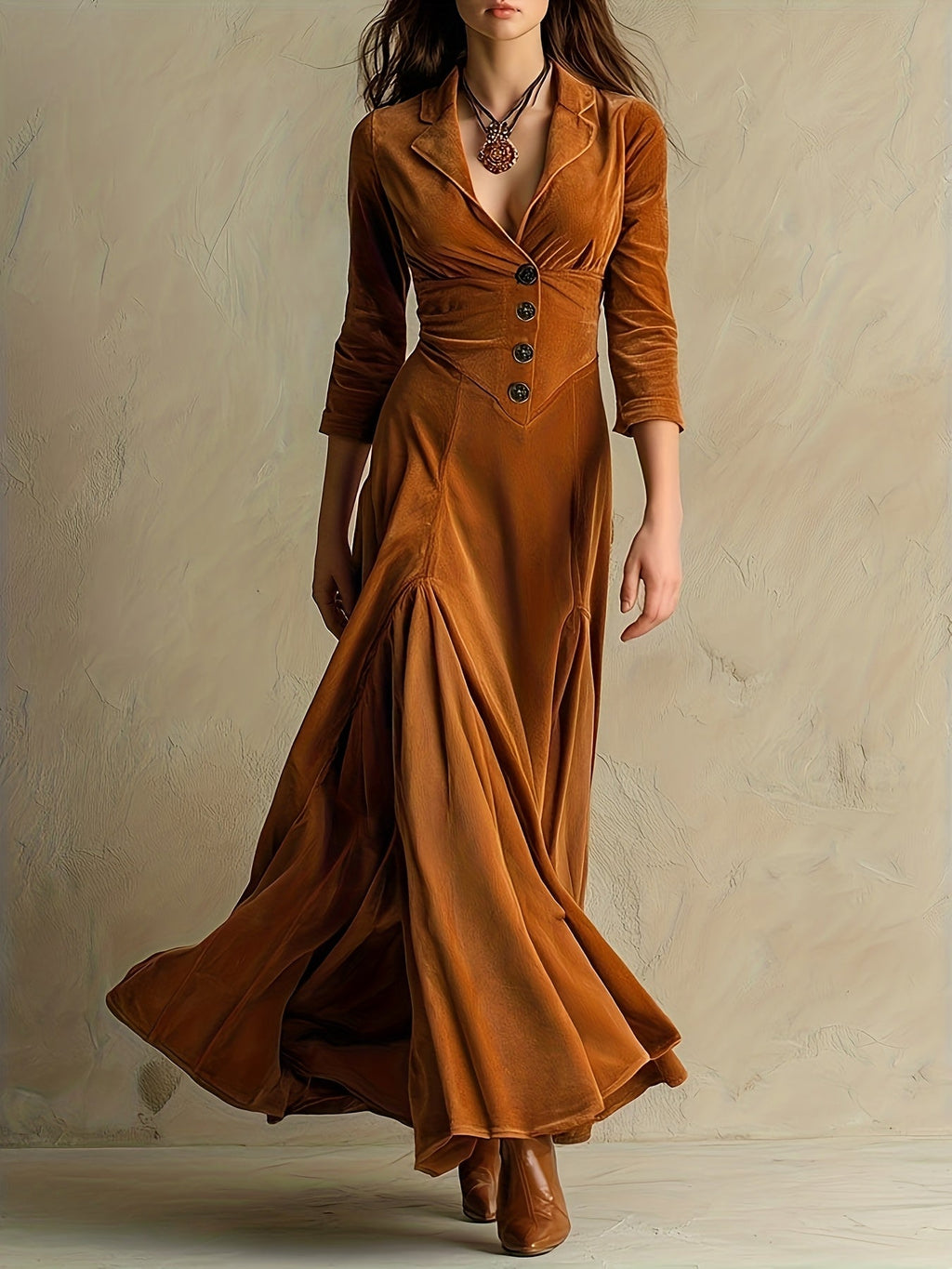 ELOWENNA | Elegant Button-Front Collar Dress With 7/8 Sleeve