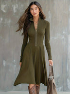 ZINNIA | Zippered Long Sleeve Dress With Stretch Fabric