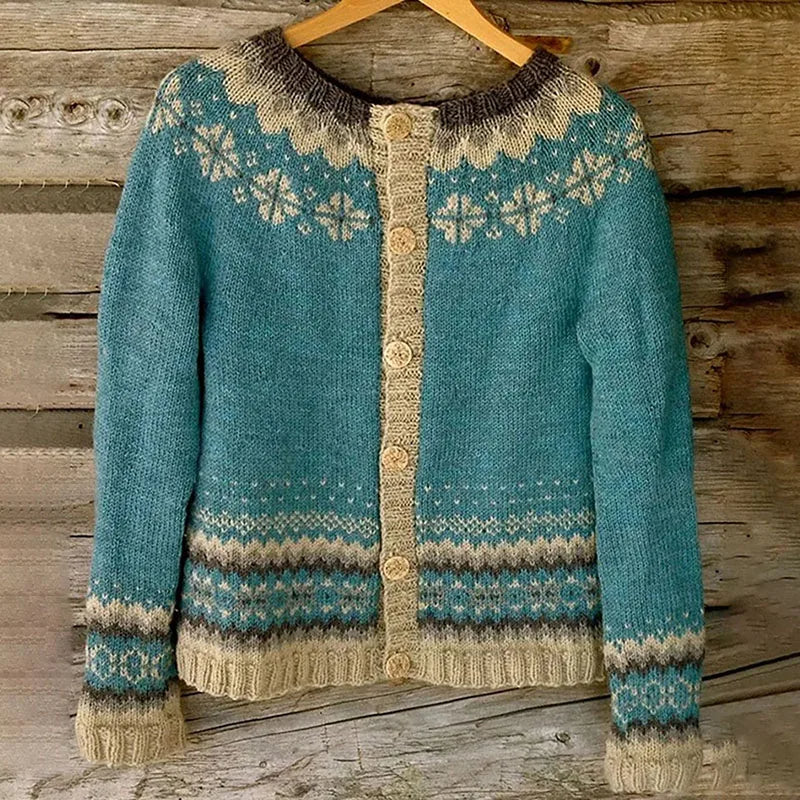 ALLEGRA | Geometric Print Teal Nordic Knit Cardigan