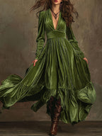 SERAFINA | Retro Oversized Skirt Long Dress With Deep V-Neck