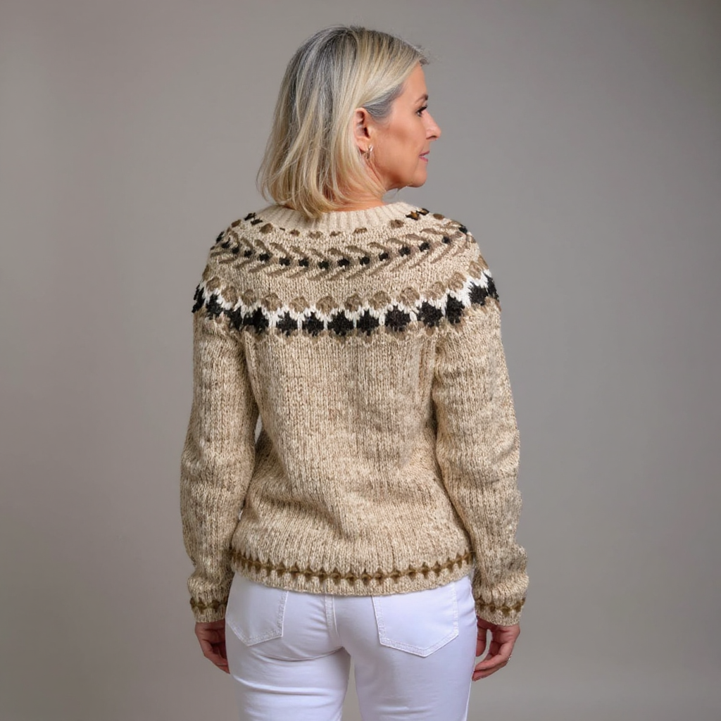 AUBREY | Geometric Print Brown Nordic Knit Cardigan Printed