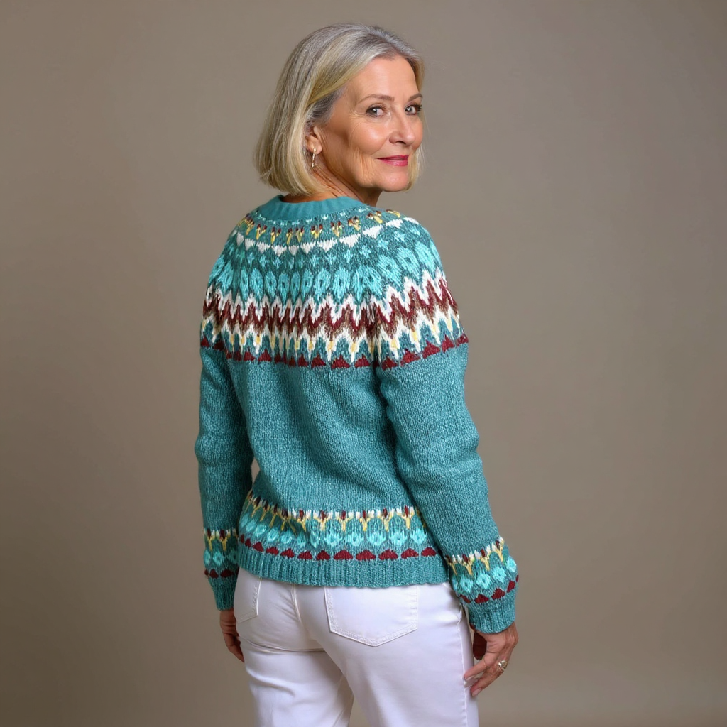 SERAPHINA | Geometric Print Teal Nordic Knit Cardigan Printed