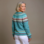 SERAPHINA | Geometric Print Teal Nordic Knit Cardigan Printed
