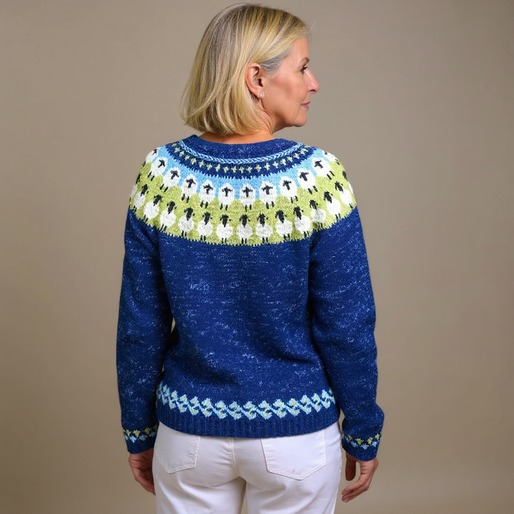 SOPHIA | Printed Blue Nordic Knit Cardigan