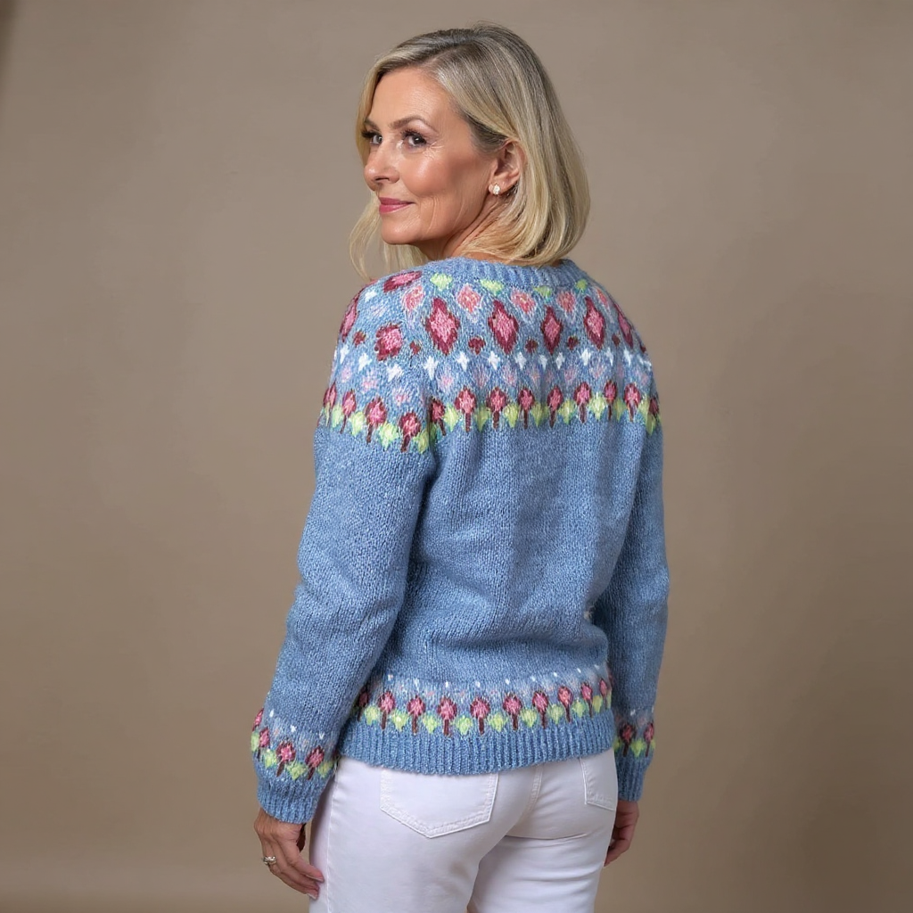 QUINN | Floral Print Nordic Knit Cardigan Embroidered