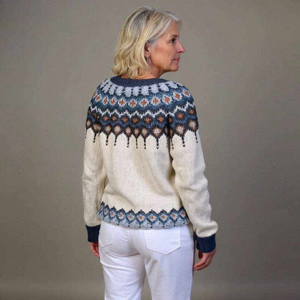 KARA | Geometric Print Blue Nordic Knit Cardigan Printed