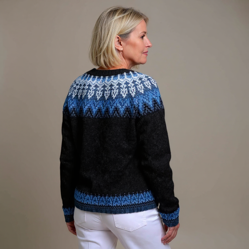 GIANNA | Geometric Print Blue Nordic Knit Cardigan Relaxed
