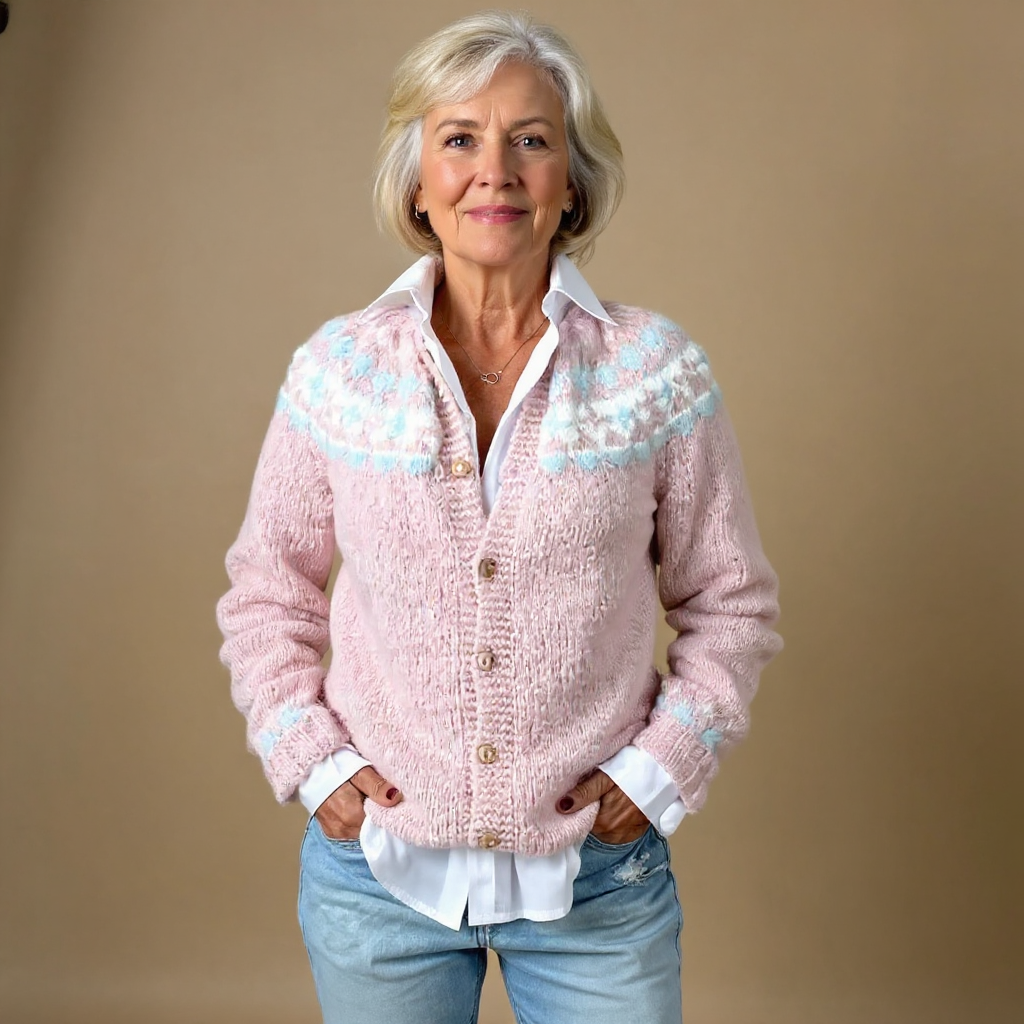SELENA | Ribbed Blue Nordic Knit Cardigan Pink