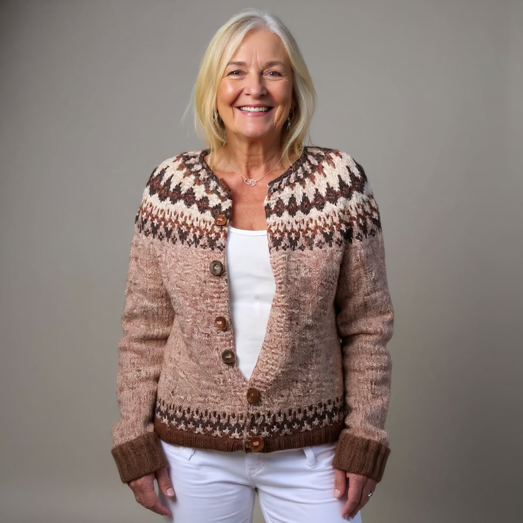 IRIS | Geometric Print Brown Nordic Knit Cardigan
