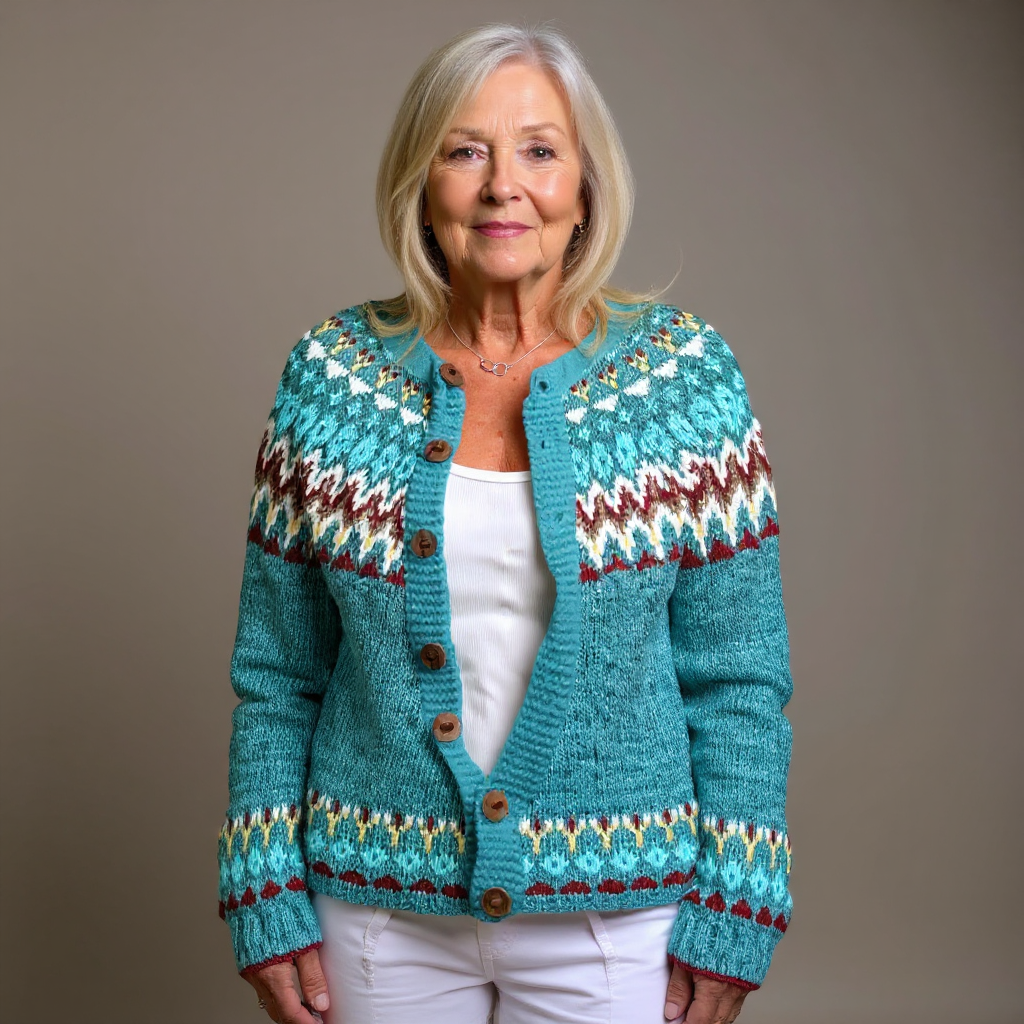 SERAPHINA | Geometric Print Teal Nordic Knit Cardigan Printed