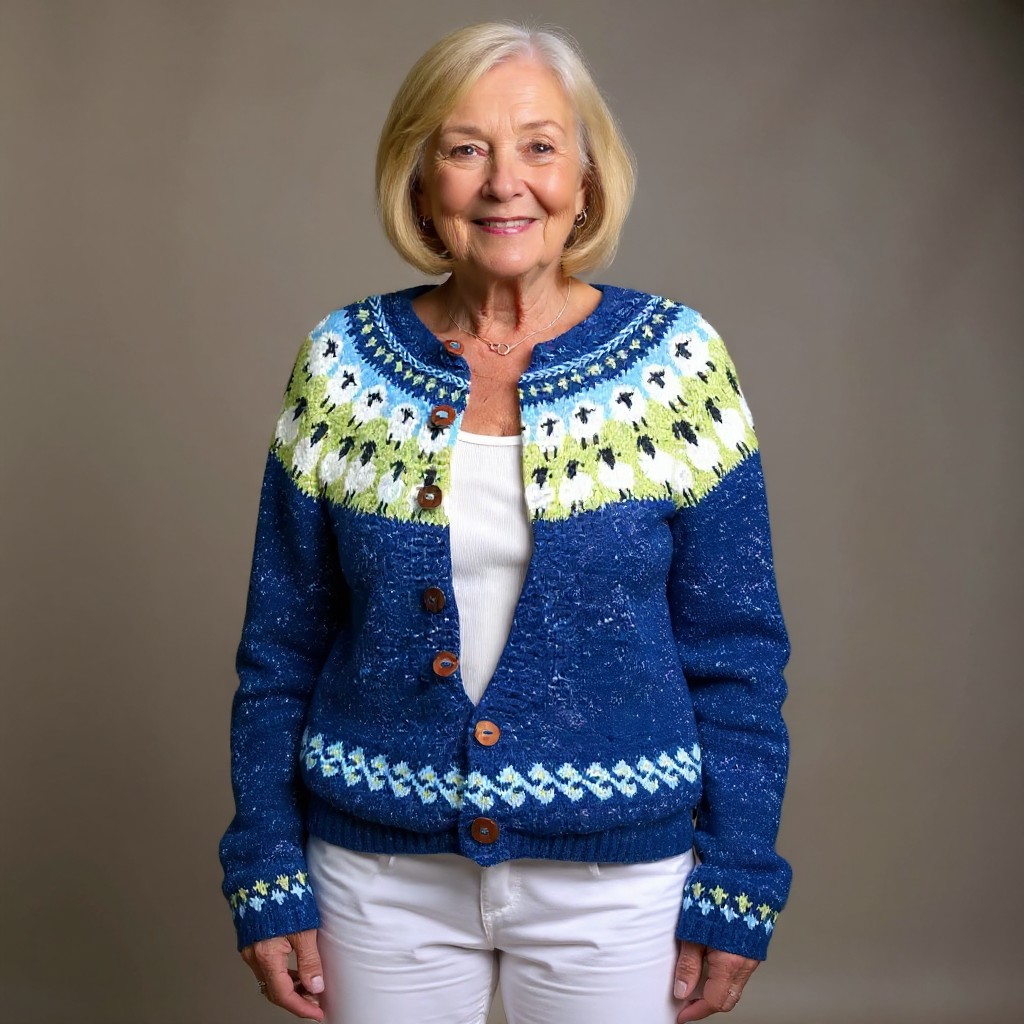 SOPHIA | Printed Blue Nordic Knit Cardigan