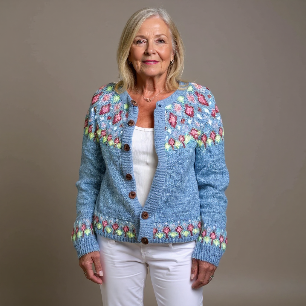 QUINN | Floral Print Nordic Knit Cardigan Embroidered