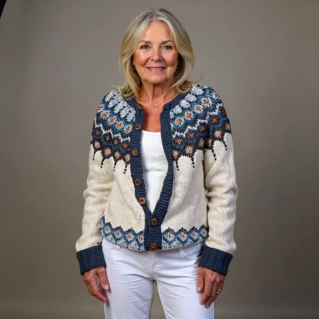 KARA | Geometric Print Blue Nordic Knit Cardigan Printed