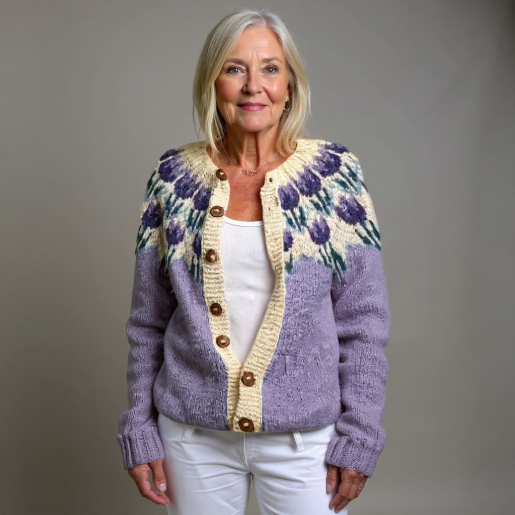 JOSEPHINE | Floral Print Purple Nordic Knit Cardigan