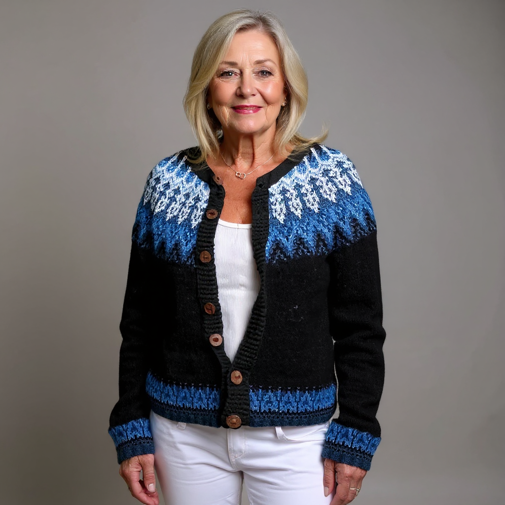 GIANNA | Geometric Print Blue Nordic Knit Cardigan Relaxed
