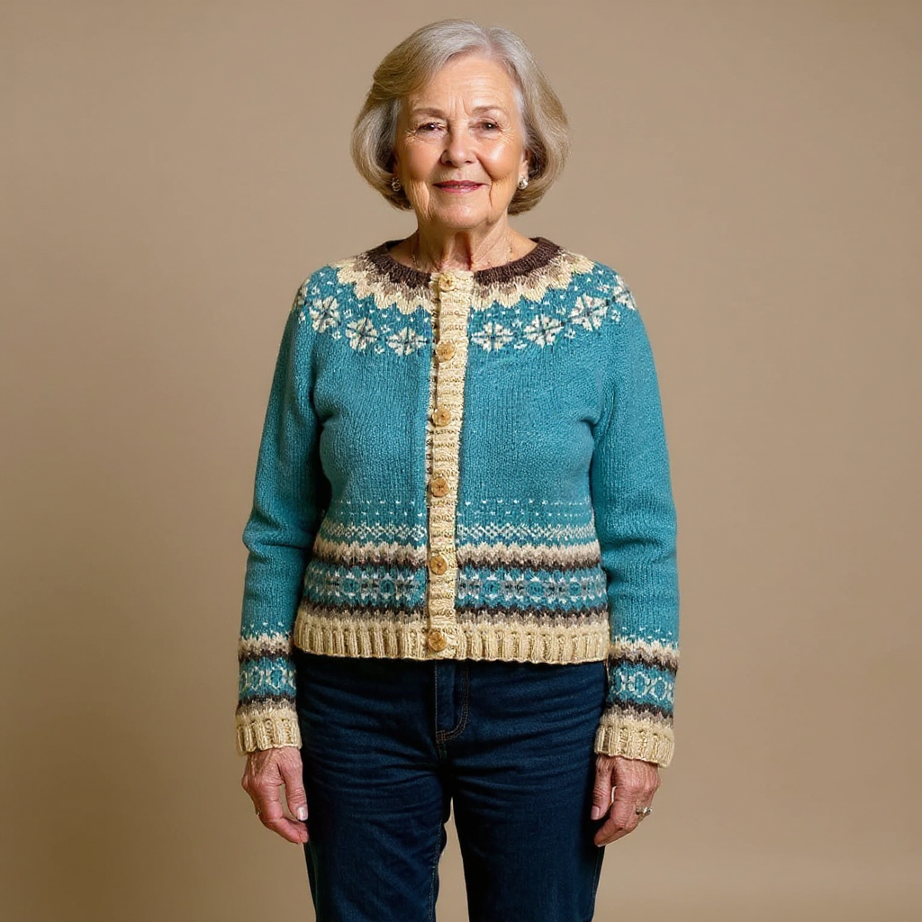 ALLEGRA | Geometric Print Teal Nordic Knit Cardigan