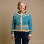 ALLEGRA | Geometric Print Teal Nordic Knit Cardigan