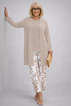 ERYNN | Leaf Print Beige Three-Piece Trouser Set