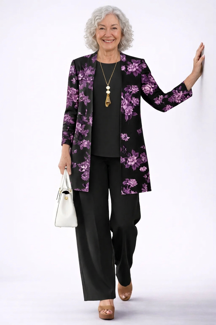 HELIA | Floral Print Purple Three-Piece Trouser Set