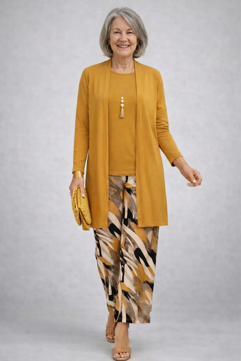 FAELINA | Open-Front Mustard Three-Piece Trouser Set